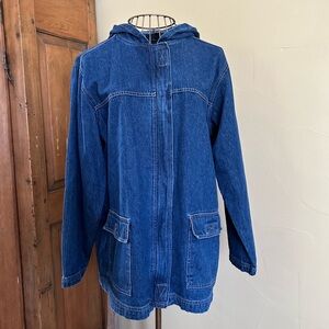VINTAGE Bill Blass Blue Jean Denim Hooded Chore Coat Barn Jacket